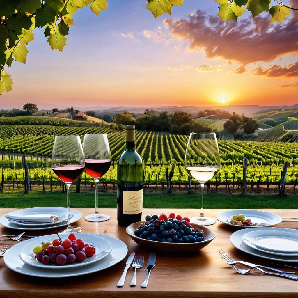 A picturesque vineyard landscape transitioning into an elegantly set dining table with wine glasses, showcasing a variety of red and white wines, paired with gourmet food. Include lush grapevines in the background and a warm sunset sky to evoke a sense of tranquility and sophistication. Emphasize the textures of the wine and food, inviting the viewer into a sensory experience. super-realistic. vibrant colors. 3D.