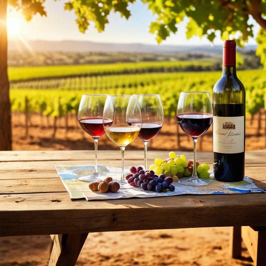 A rustic wooden table set outdoors, adorned with a variety of wine glasses filled with different colored wines, surrounded by vineyard landscapes from around the world. In the background, a map showcasing wine regions with landmarks of famous wineries. Sunlight casts a warm glow, highlighting the textures of grapes and soil. soft focus. vibrant colors. painting.