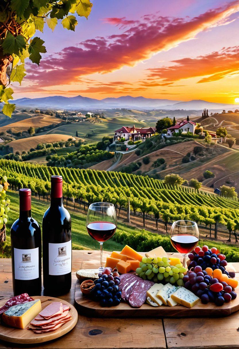 A scenic vineyard landscape at sunset with rolling hills, grapevines heavy with clusters of grapes, and a rustic wooden table set for a tasting with elegant wine glasses and assorted cheese and charcuterie. Include a wine bottle with an intricate label and a sommelier examining the wine. The sky is painted with warm hues of orange and pink, evoking a tranquil atmosphere. super-realistic. vibrant colors. 3D.